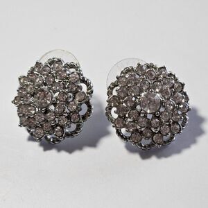 Roman Silver Tone Clear Rhinestone Flower Earrings